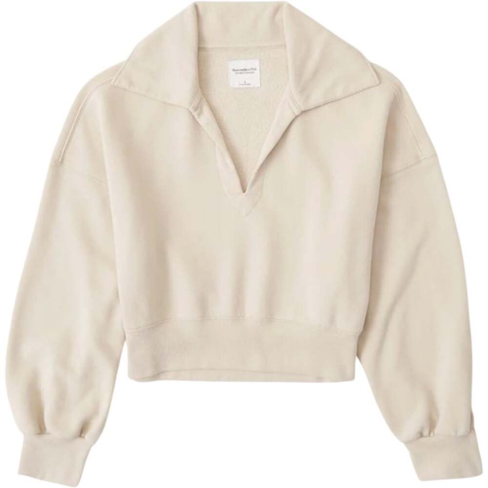 Abercrombie & Fitch Drama Collar V-Neck Cropped Sweatshirt Soft A&F Cream XS
